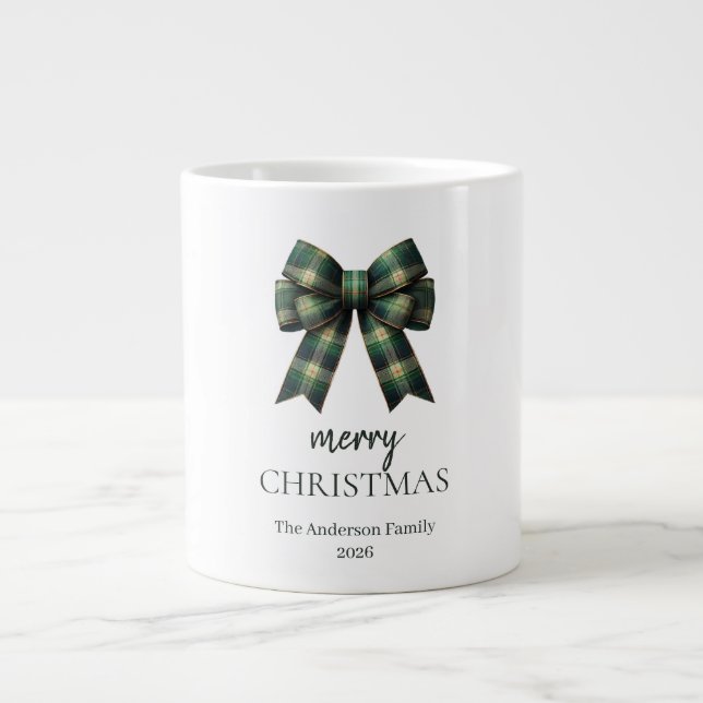 Taza De Café Gigante Personalized Merry Christmas | Green Plaid Bow (Frente)