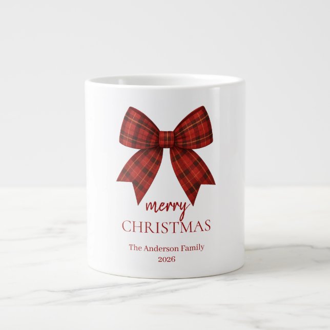 Taza De Café Gigante Personalized Merry Christmas | Red Plaid Bow (Frente)