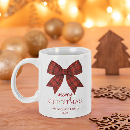 Taza De Café Gigante Personalized Merry Christmas | Red Plaid Bow
