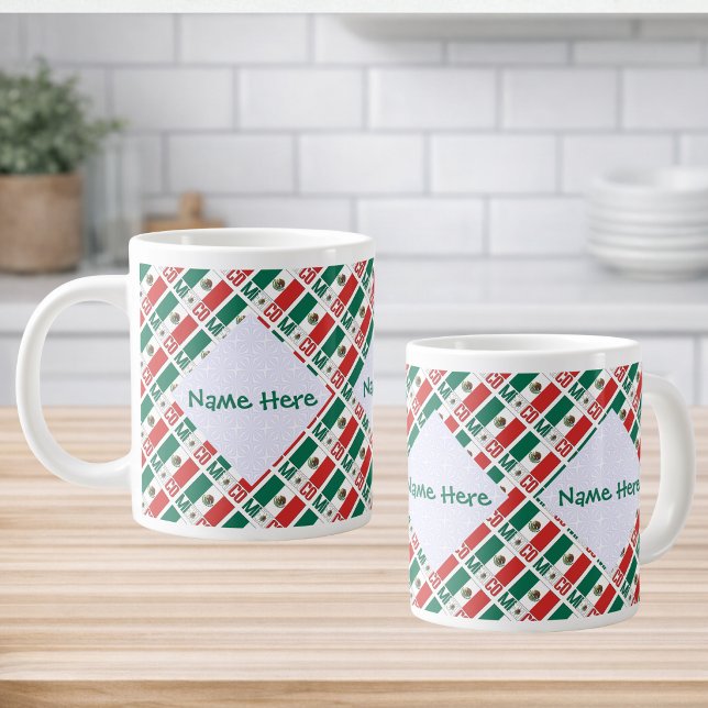 Taza De Café Gigante Personalized Mexico Flag Tiled (Personalized jumbo mug tiled Mexican Flag and MEXICO below. 3 squiggly squares fractals for name.)