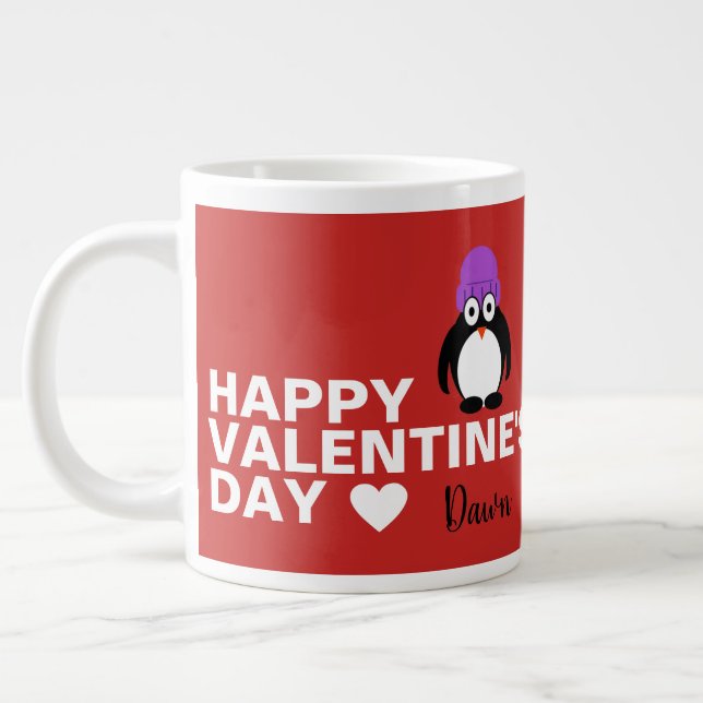 Taza De Café Gigante Pingüino Con El día de San Valentín Gorra Púrpura (Izquierda)