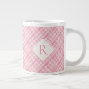 Taza De Café Gigante PINK CHECK QUILE Big White Mug + Inicial