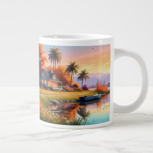 Taza De Café Gigante Pintado de la naturaleza con el sol con el lago, c