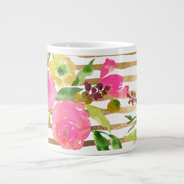 Taza De Café Gigante PixDezines acuarela/flores/ranunculus/oro (Frente)
