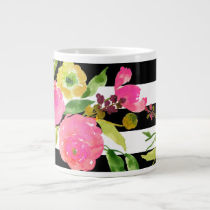 Taza De Café Gigante PixDezines floral/acuarela/ranúnculo/rayas