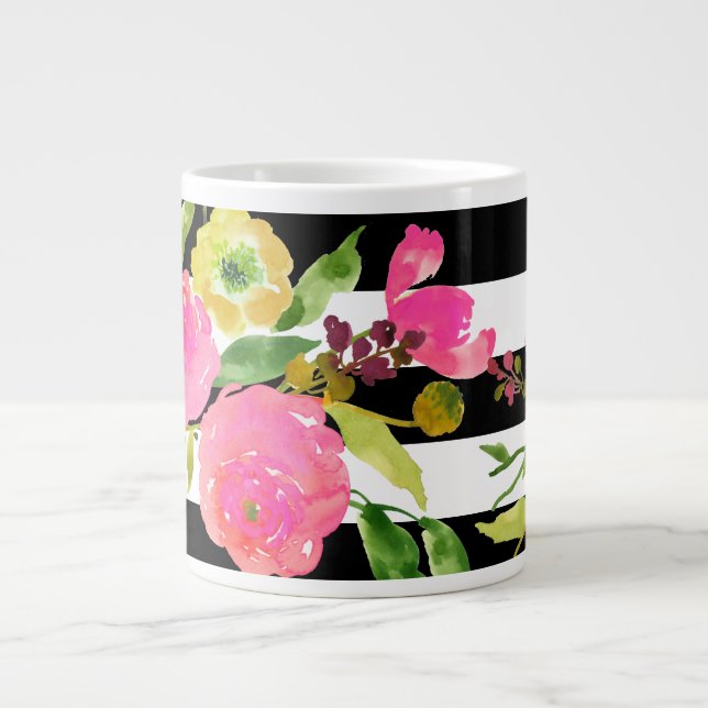 Taza De Café Gigante PixDezines floral/acuarela/ranunculus/rayas (Frente)