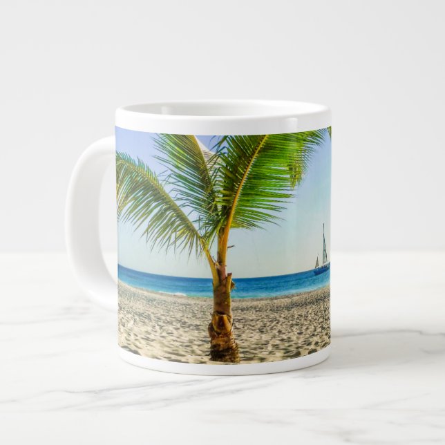 Taza De Café Gigante Playas tropicales | Barco de vela, palmera, Aruba (Izquierda)