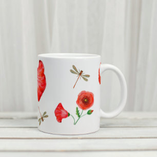 Taza De Café Gigante Poppies y libélulas pintados