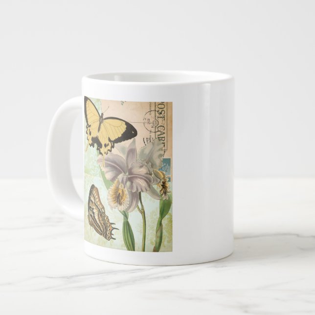 Taza De Café Gigante Postales antiguas con mariposas y flores (Izquierda)