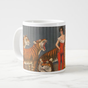 Taza De Café Gigante Poster De Circo Vintage De Mujer Con Seis Tigres.