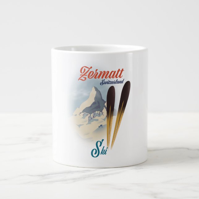 Taza De Café Gigante Poster de esquí de época de Zermatt Suiza (Frente)