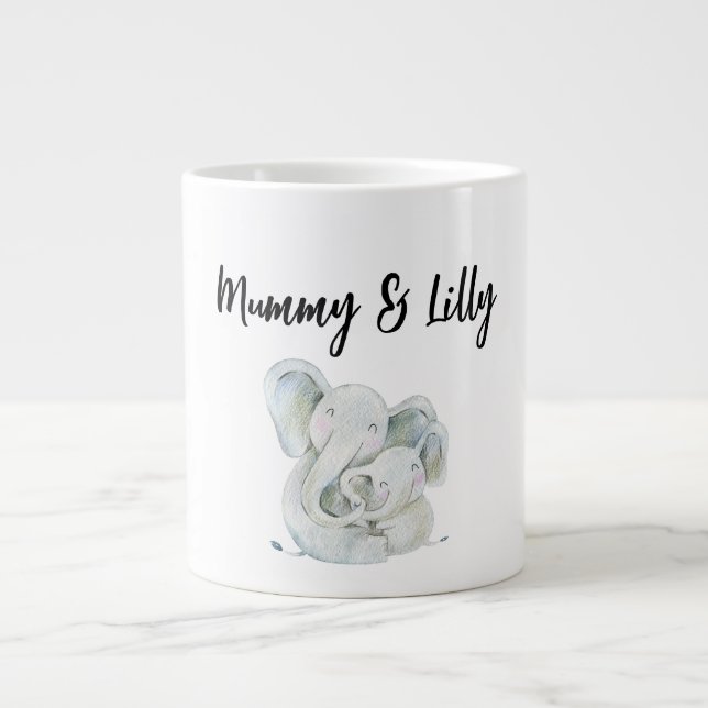 Taza De Café Gigante Primer Día de la Madre, mamá dulce y elefante bebé (Frente)