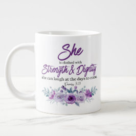 Taza De Café Gigante Proverbios 31:25 Fuerza y Dignidad Flor Púrpura