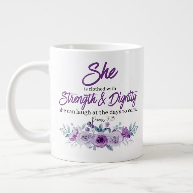 Taza De Café Gigante Proverbios 31:25 Fuerza y Dignidad Flor Púrpura (Izquierda)