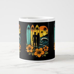 Taza De Café Gigante Puesta de sol tropical en la playa de surf retro