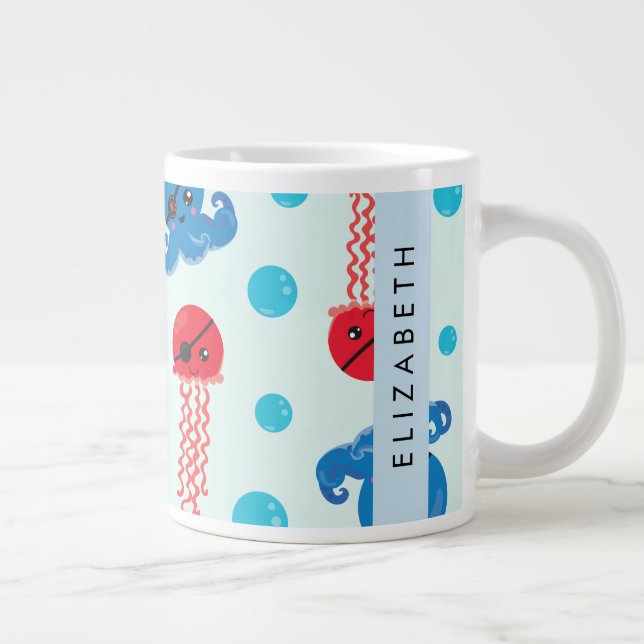 Taza De Café Gigante Pulpo pirata, medusa pirata, mar, tu nombre (Derecha)