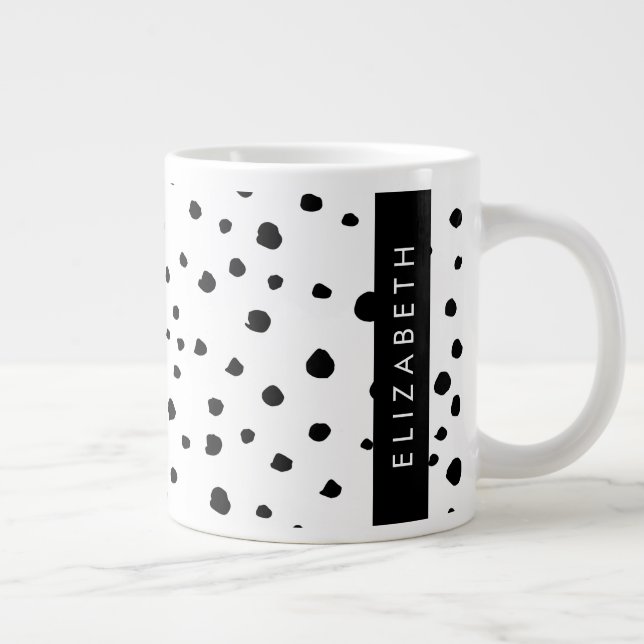 Taza De Café Gigante Puntos dálmatas, puntos, negro y blanco, tu nombre (Derecha)