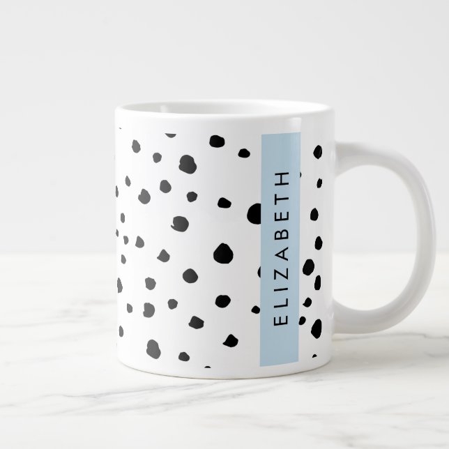 Taza De Café Gigante Puntos dálmatas, puntos, negro y blanco, tu nombre (Derecha)