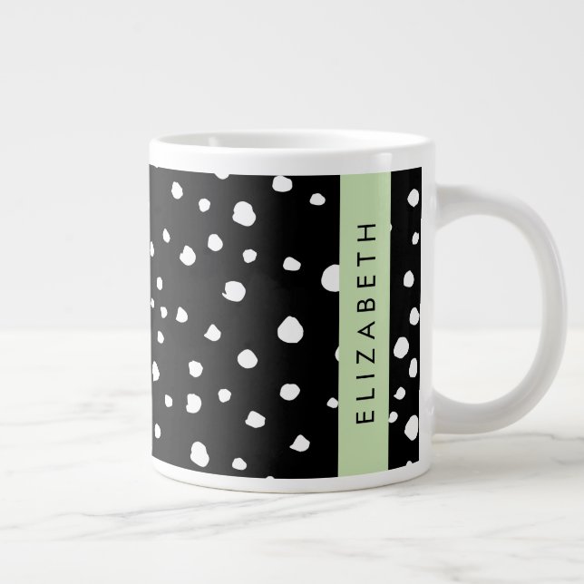 Taza De Café Gigante Puntos dálmatas, puntos, negro y blanco, tu nombre (Derecha)