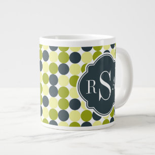 Taza De Café Gigante Puntos de Polka Verde y Monograma Azul