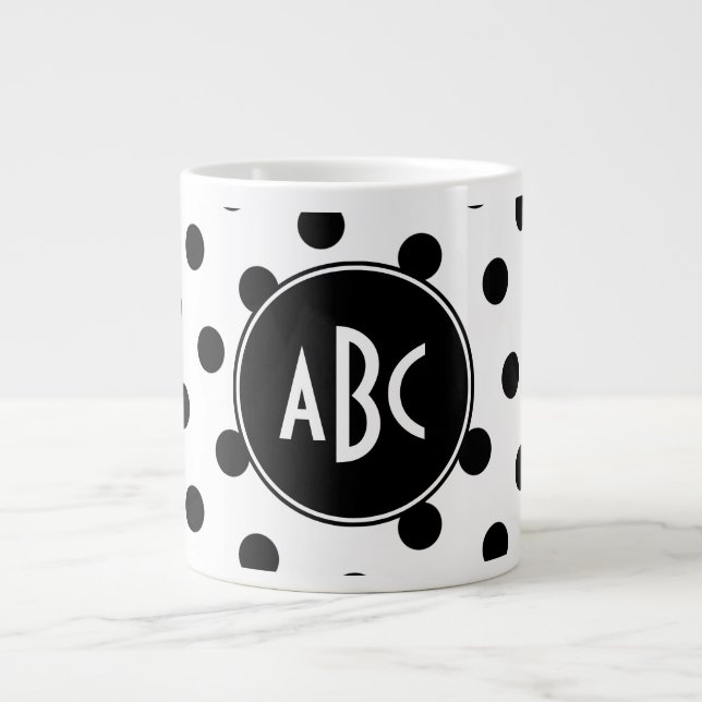 Taza De Café Gigante Puntos Monogramados de Polka Blanco y Negro (Frente)