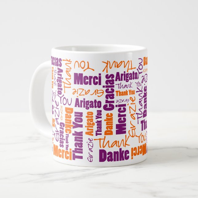 Taza De Café Gigante Púrpura y Naranja multilingüe Gracias (Izquierda)