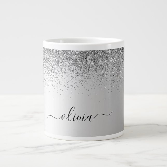 Taza De Café Gigante Purpurina de Monograma Plateado Sparkle Girly Scri (Frente)