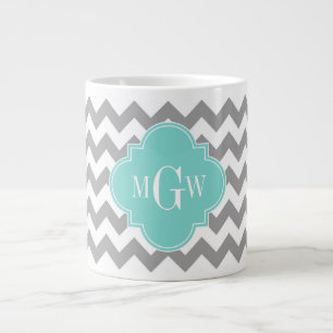 Taza De Café Gigante Quatrefoil de Chevron Aqua Gris 3 Monograma