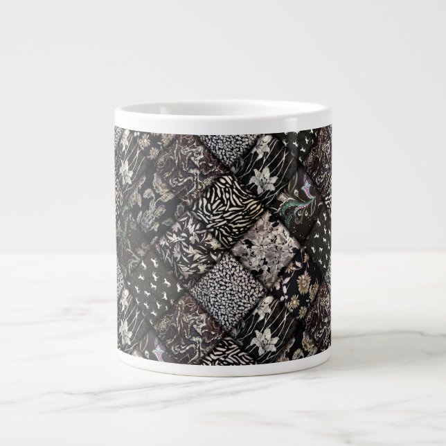 Taza De Café Gigante Quillado de patchwork negro y blanco (Frente)
