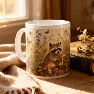 Taza De Café Gigante Raccoon Cottagecore Botánico Bosque Vintage 