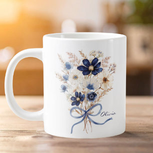 Taza De Café Gigante Ramo de flores azul marino acuarela personalizado