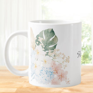 Taza De Café Gigante Ramo Floral De Flores Tropicales Acuarela Monogram