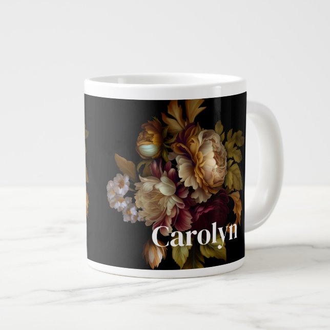 Taza De Café Gigante Ramo Floral Oscuro Clásico con Nombre (Derecha)