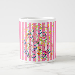 Taza De Café Gigante Rayas de Caramelo + Flores