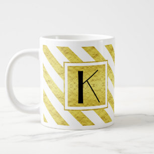 Taza De Café Gigante Rayas Doradas de Monograma Elegante