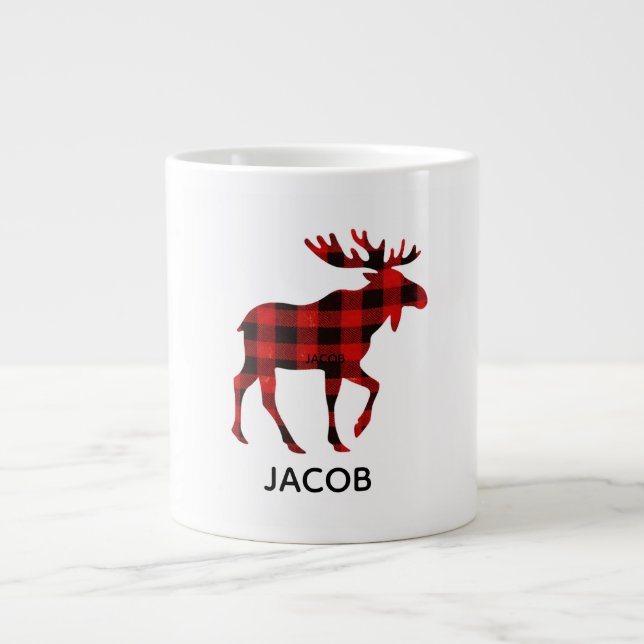Taza De Café Gigante Red Buffalo Plaid Reindeer Christmas Monogram  (Frente)