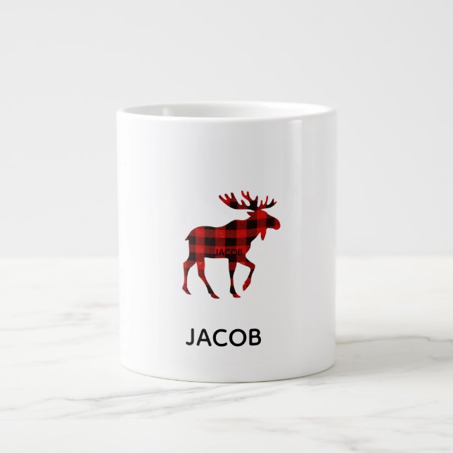 Taza De Café Gigante Red Buffalo Plaid Reindeer Christmas Monogram  (Frente)
