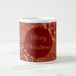 Taza De Café Gigante Red Gold Pixels and Flowers, Gold Merry Christmas