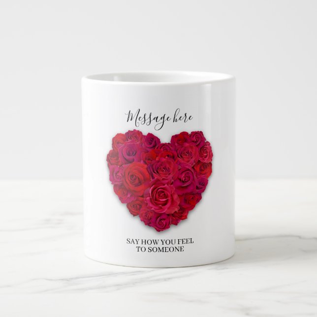 Taza De Café Gigante Red Rose Heart Romantic Floral Custom Text (Frente)
