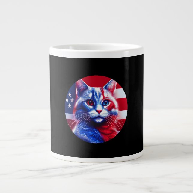 Taza De Café Gigante Red White & Blue Cat With American Flag Background (Frente)