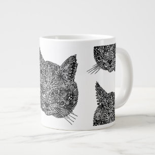 Taza De Café Gigante Retrato de gato ornamental blanco y negro