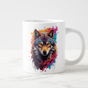 Taza De Café Gigante Retrato de Lobo Colorido Arte de Animal Abstracto-