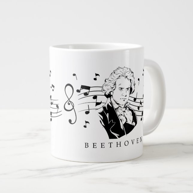 Taza De Café Gigante Retrato de Ludwig van Beethoven y busto con notas (Derecha)