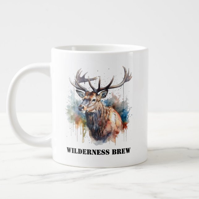 Taza De Café Gigante Retrato Majestic Watercolor Elk, personalizado (Izquierda)