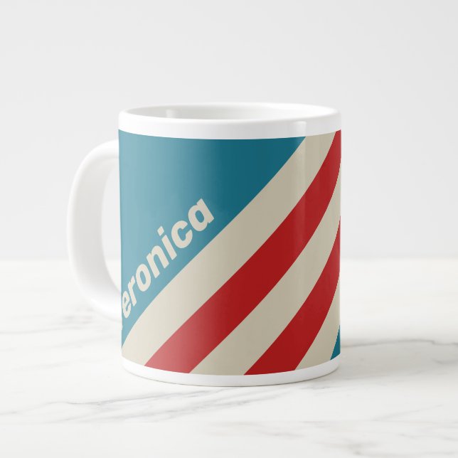 Taza De Café Gigante Retro Aqua Surf Stripes with Name (Izquierda)