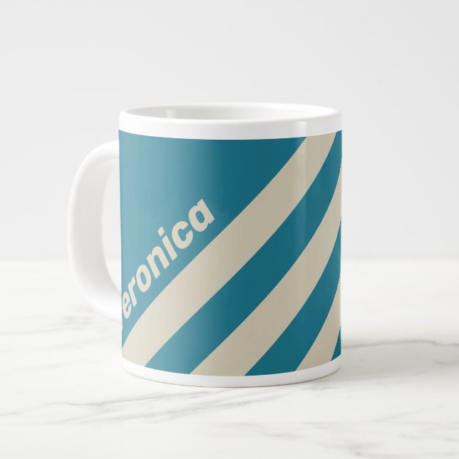 Taza De Café Gigante Retro Aquamarine Three Stripes with Name (Izquierda)