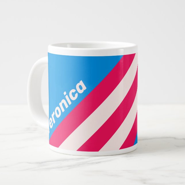 Taza De Café Gigante Retro Blue Crush Stripes with Name (Izquierda)