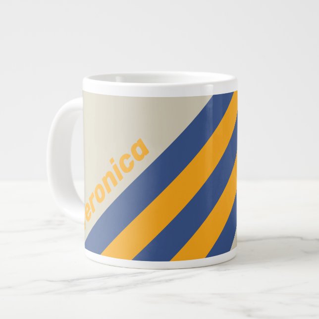 Taza De Café Gigante Retro Blue Crush Sunset Stripes with Name (Izquierda)