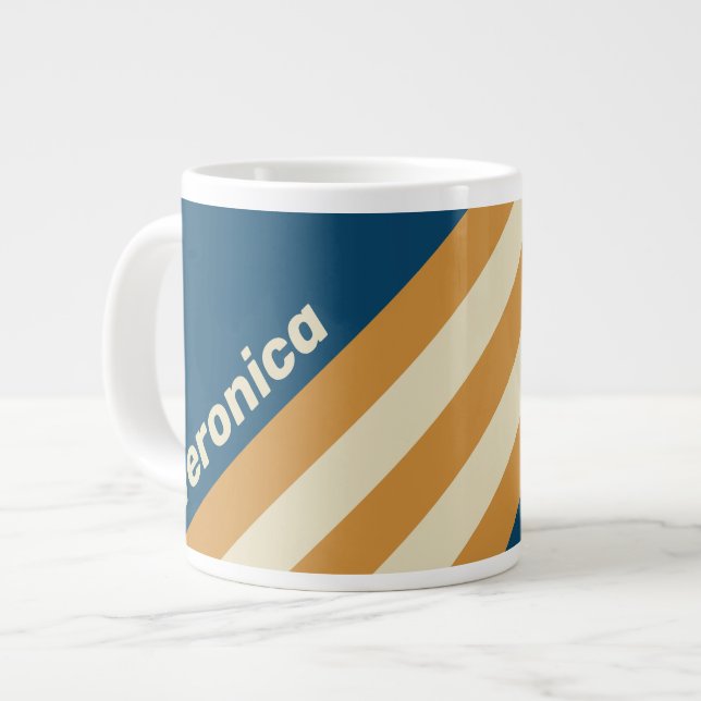 Taza De Café Gigante Retro Blue Wave Stripes with Name (Izquierda)