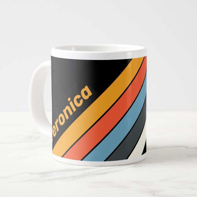 Taza De Café Gigante Retro Dark Rainbow Striped with Name (Izquierda)